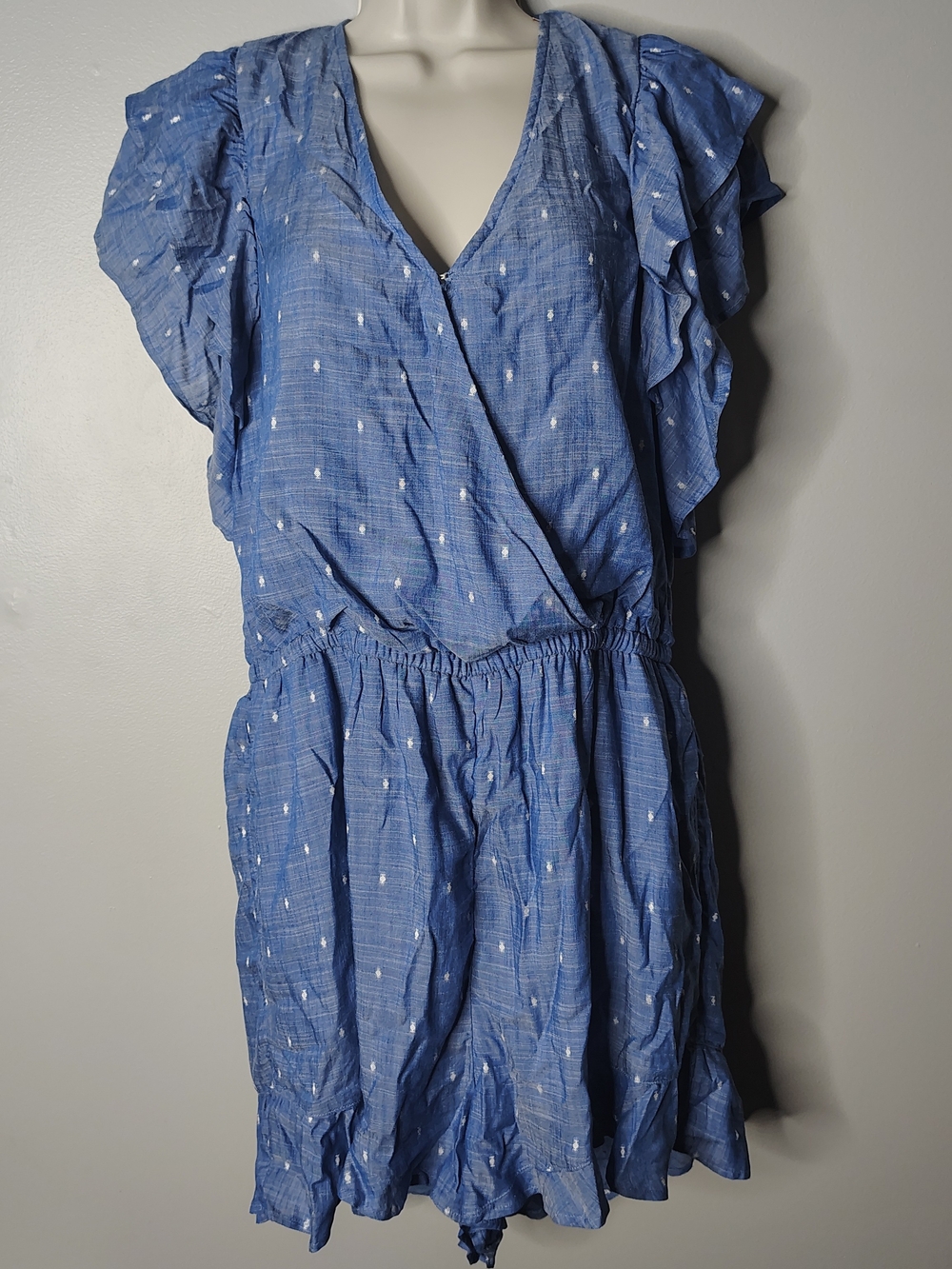 American Eagle Outfitters Light Blue Chambray Ruffle Romper Size Large New